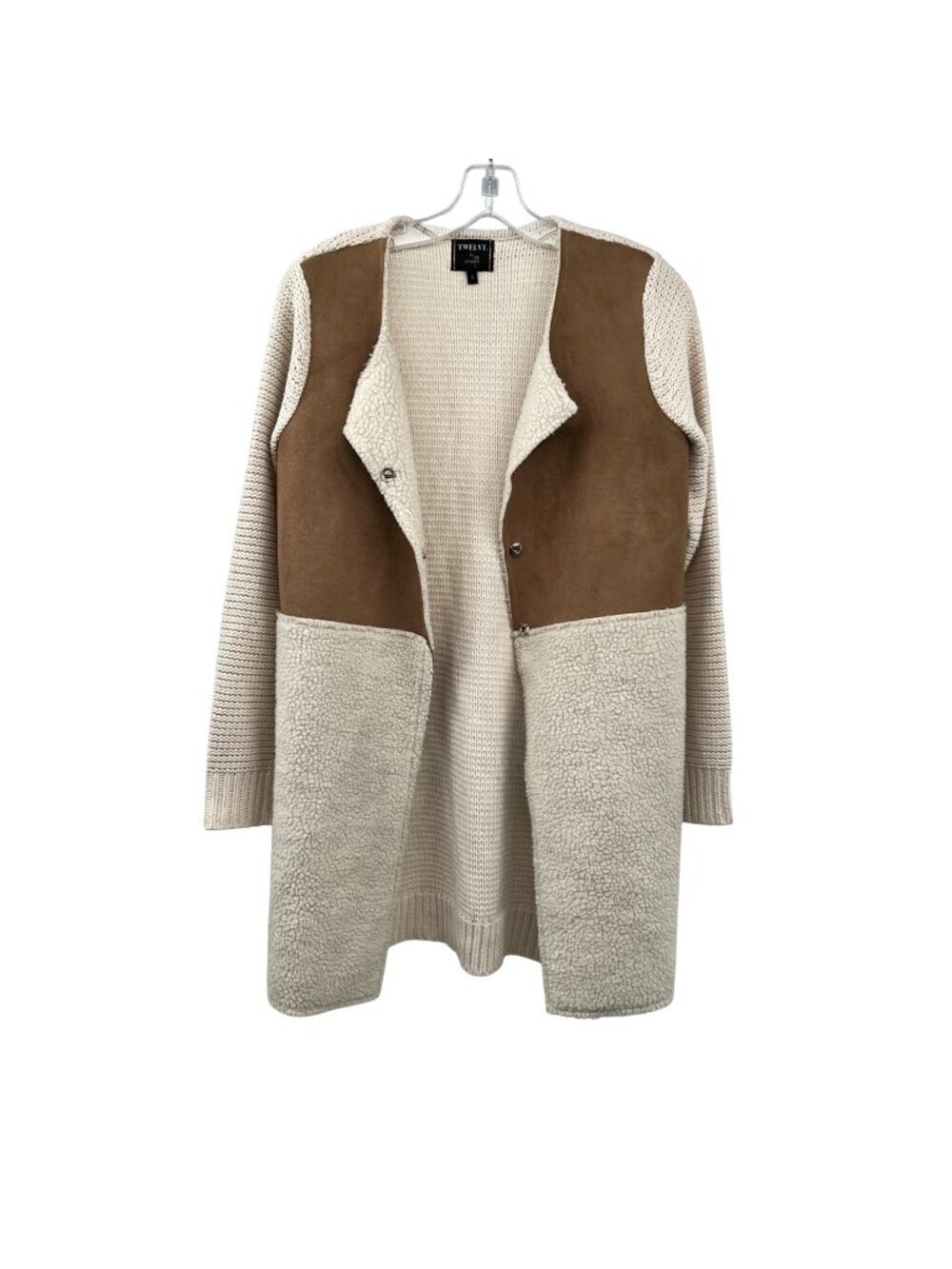 Twelve by Ontwelfth Knit Jacket Faux Suede Fleece Snaps Cream/Brown Size Small